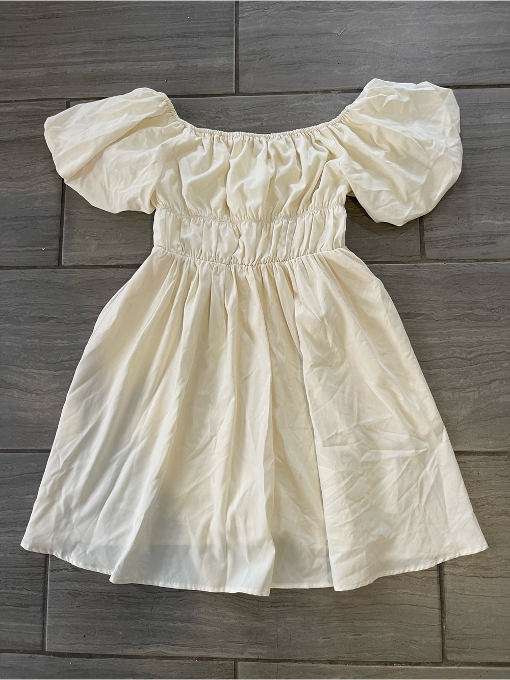 Off-Shoulder Puff-Sleeve Cream Dress with Smocked Waist